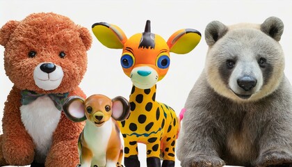 cutout set of 3 cartoon animal toys characters isolated on transparent png backgrounds