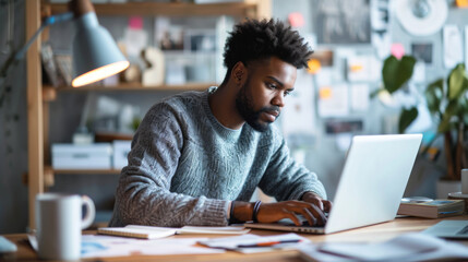 A man is working intently on a laptop at a well-lit desk office with various work-related items. - obrazy, fototapety, plakaty