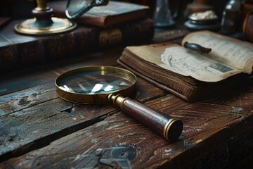 Close-up of a magnifying glass on a rustic wooden table. Ideal for educational or scientific concepts