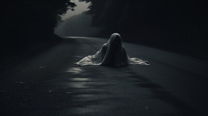 A spirit ghost woman white cloth crawling on the street - obrazy, fototapety, plakaty