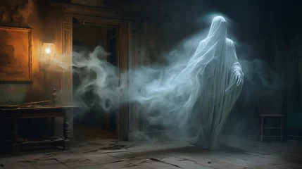 Fotobehang A spirit ghost woman white cloth floating energy © tinyt.studio