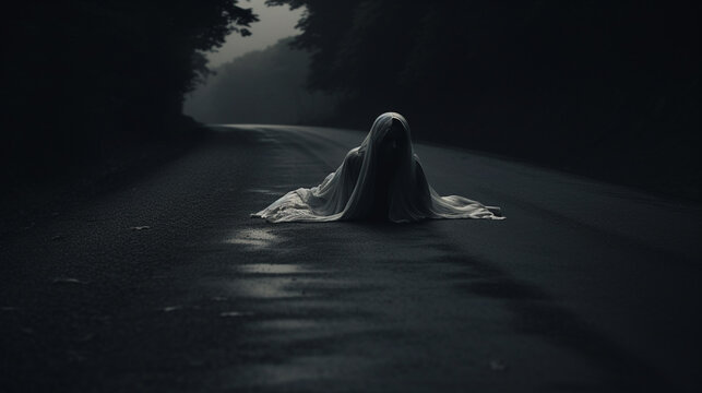 A spirit ghost woman white cloth crawling on the street
