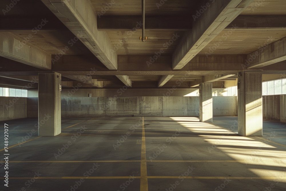 Poster an empty parking garage with yellow lines on the floor. suitable for urban and transportation concep