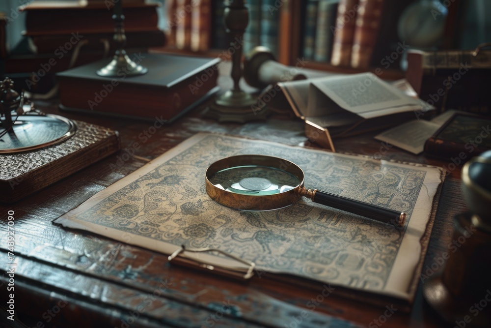 Poster close-up of a magnifying glass on a table. suitable for business and education concepts