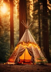 Teepee tent in the middle of calm nature with lot of high trees in the night. Generative Ai.