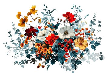 A composition of various flowers in a vintage-style illustration depicting natural beauty