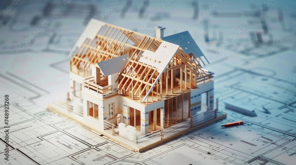 Poster Detailed house model placed on top of a blueprint. Ideal for architecture and construction concepts