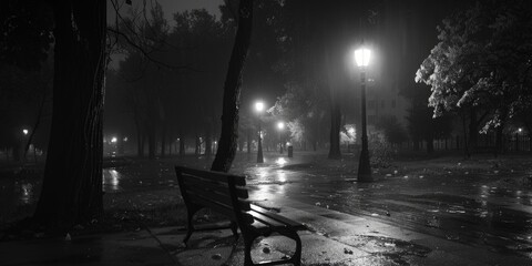A black and white photo of a park bench in the rain. Suitable for various outdoor themed designs - obrazy, fototapety, plakaty