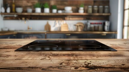 A stove top placed on a wooden counter. Ideal for kitchen and home decor concepts