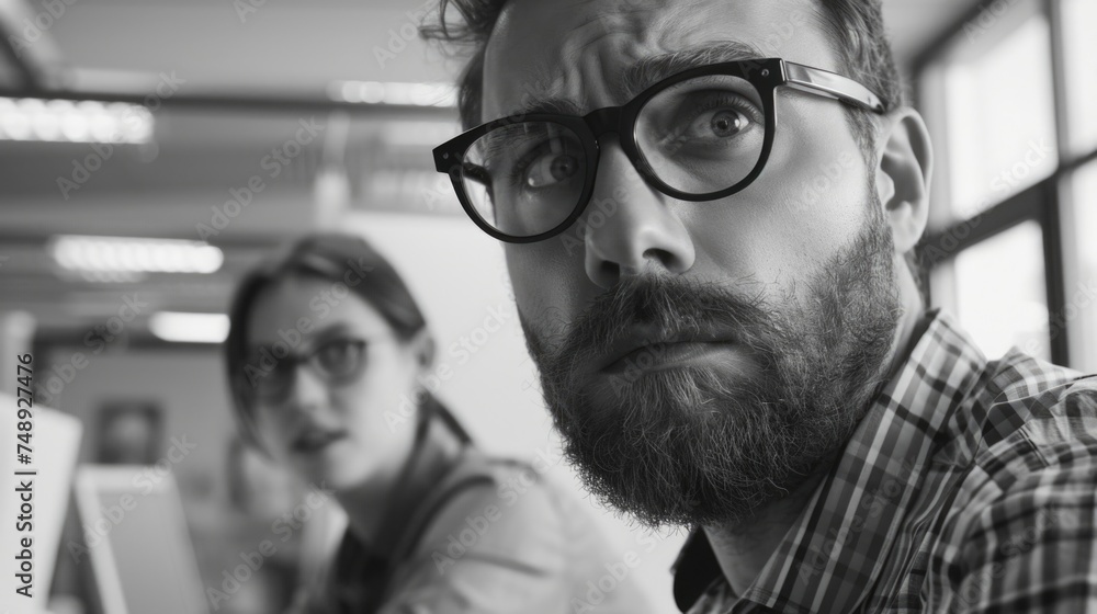 Poster A man with glasses and a beard sitting in front of a laptop. Suitable for technology and business concepts
