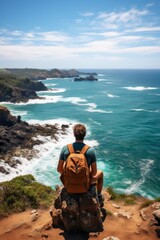 Fototapeta premium A backpacker sitting at the edge of a cliff, gazes out at the vast expanse of the ocean below