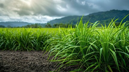 Obraz premium Closeup of sugar cane with lush plantation in the background. Concept Agriculture, Farming, Sugarcane, Plantation, Closeup Shot
