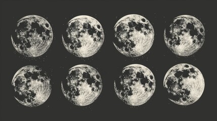 Black and white photo showing the different phases of the moon. Suitable for educational purposes or astronomy enthusiasts