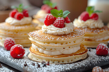 Delicious homemade pancakes with pudding and berries on a white plate