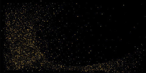 Gold dust. Confetti with gold glitter on a black background. Shiny scattered sand particles. Decorative elements. Luxury background for your design, cards, invitations. Vector