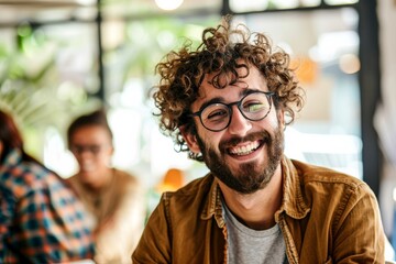 Portrait of a jovial man with curly hair and glasses smiling, evoking happiness and positivity - obrazy, fototapety, plakaty