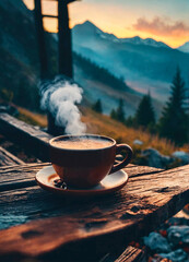 cup of coffee against the backdrop of mountains. Selective focus.