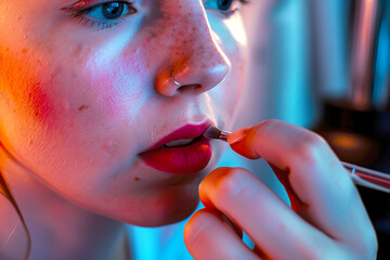woman putting lipstick on using a brush - obrazy, fototapety, plakaty