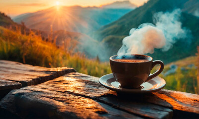 cup of coffee against the backdrop of mountains. Selective focus. - obrazy, fototapety, plakaty