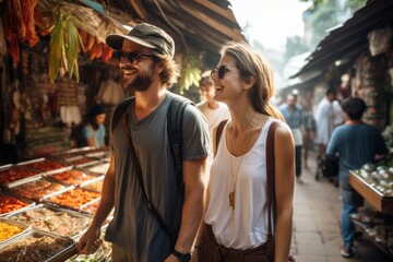 A man and a woman are seen casually strolling through a bustling street market. They are surrounded by stalls selling various goods as they engage in conversation and browse the items on display