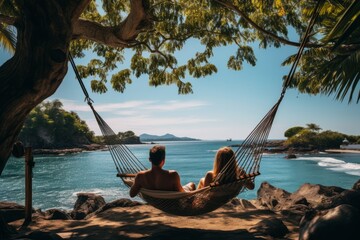 A man and a woman sit side by side in a hammock, enjoying the view of the beach. The hammock is tied between two palm trees, swaying gently in the breeze