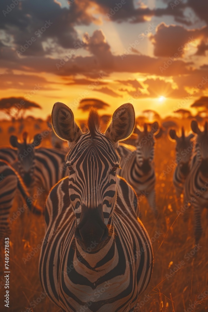 Poster group of zebras standing in a grassy field. suitable for wildlife or nature concepts