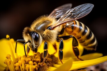 A detailed close up of a honeybee gathering pollen from a vibrant flower. The bee is actively pollinating the flower, showcasing the crucial role they play in the pollination process