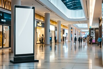 An open modern shopping mall interior with a large digital advertising display and shoppers walking by