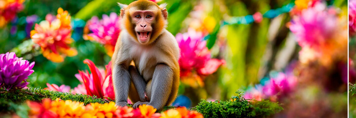 monkey with tropical flowers in the jungle. Selective focus.