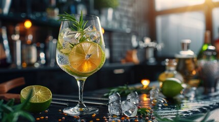 A glass of water with lemons, limes, and a sprig of rosemary. Perfect for hydration and detox