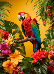 parrot in the jungle in tropical flowers. Selective focus.