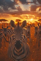Group of zebras standing in a grassy field. Suitable for wildlife or nature concepts