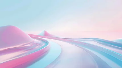 Gordijnen A abstract futuristic landscape with a road, 3D render resembling a futuristic metallic landscape, Modern hi-tech science futuristic technology concept, shiny pink and blue © M