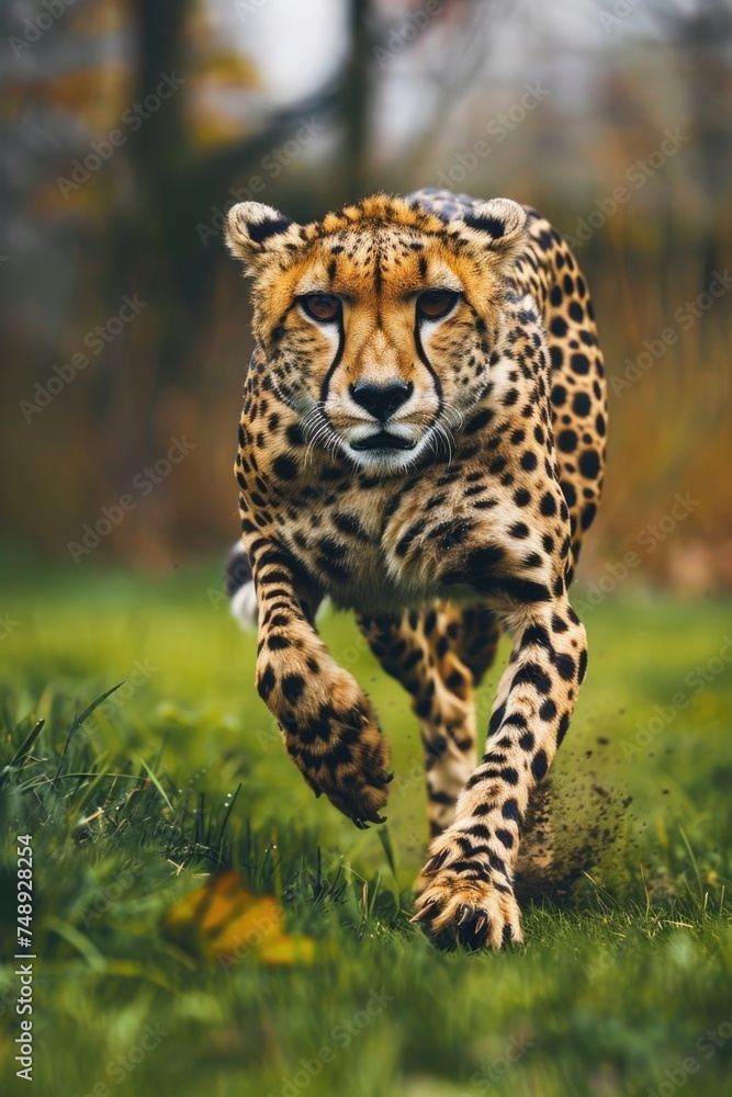 Poster a cheetah running across a lush green field. perfect for wildlife and nature concepts