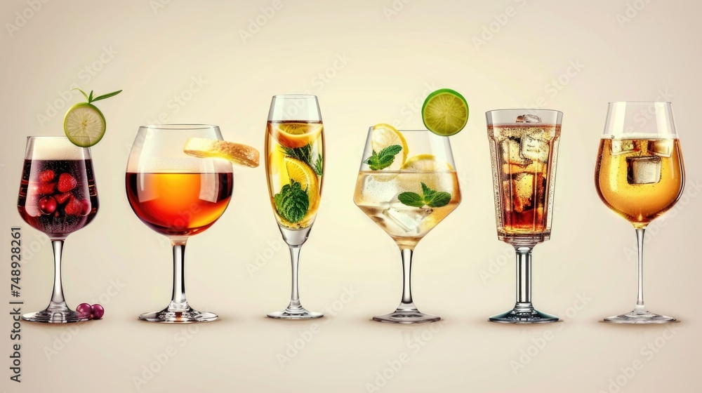 Poster A row of glasses filled with different types of drinks. Ideal for beverage concepts