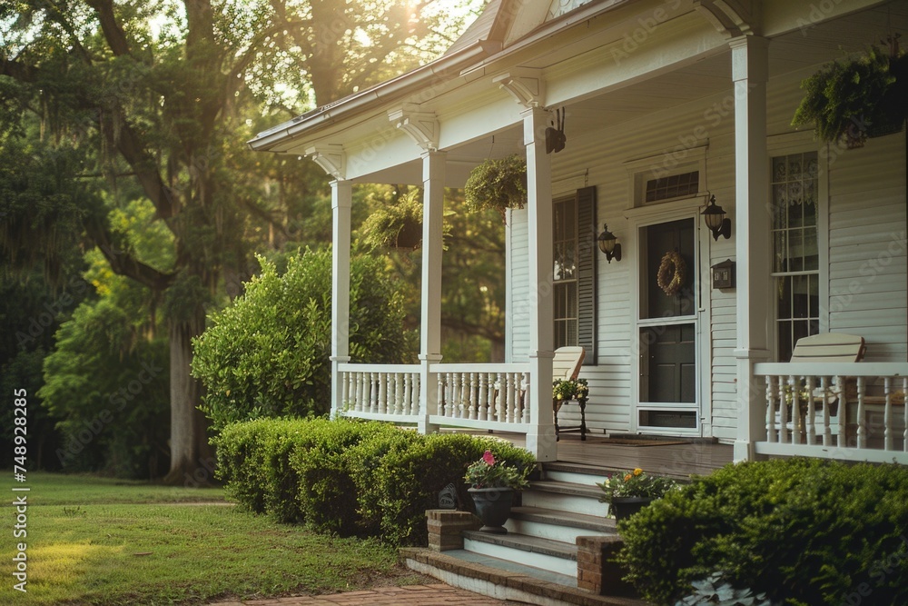 Poster a white house with a porch and front steps. suitable for real estate or architecture concepts