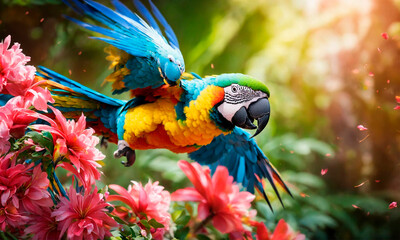 parrot in the jungle in tropical flowers. Selective focus.
