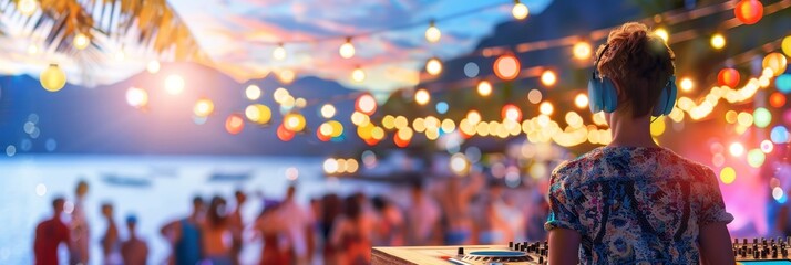 Beach party festival with dj mixing, crowd, blurred background, and space for text placement.