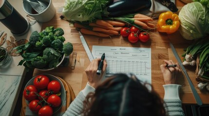 A woman preparing vegetables on a cutting board. Suitable for cooking or healthy eating concepts - obrazy, fototapety, plakaty