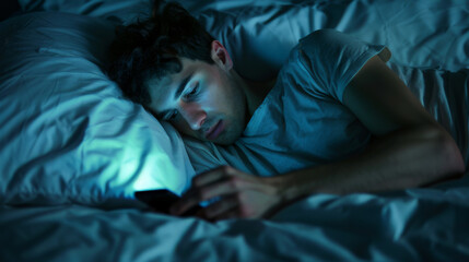 man is lying in bed at night looking at his smartphone with a worried or troubled expression, illuminated by the light from the screen.