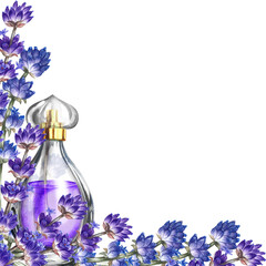 A perfume bottle made of transparent glass with lavender flowers. Vintage purple perfume with lavender scent. A hand-drawn watercolor illustration. Isolate her. For packaging, postcards and labels.