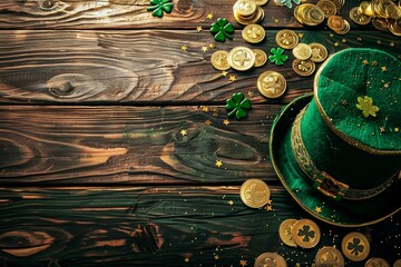 A dark wooden table set with St Patrick's Day symbols like clover, gold coins, and a festive hat invoke luck and celebration