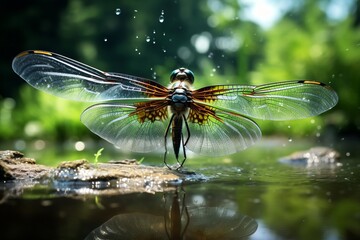 A macro shot of a dragonfly hovering near a pond, capturing the intricate details of its transparent wings