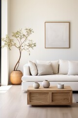 A minimalist living room featuring a white couch and coffee table, designed with sleek and contemporary furniture to enhance the space