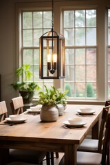 A modern farmhouse dining room is showcased, featuring a reclaimed wood dining table with a sleek hanging light fixture illuminating the space