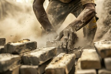 A construction worker carefully places bricks in a cloud of dust on a job site - obrazy, fototapety, plakaty