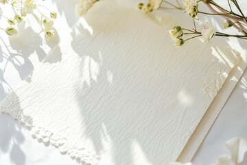 Blank paper sheet mockup with spring white flowers on white table