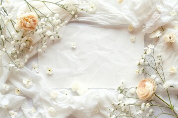 white fabric with white gypsophila flowers on white background, top view