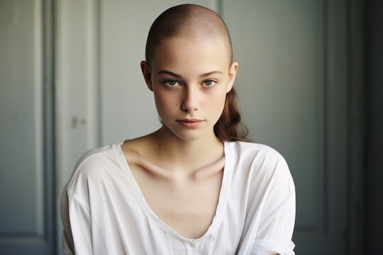 A woman confidently displays her shaved head while wearing a white shirt