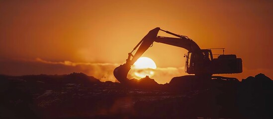 The dramatic side backdrop of construction as heavy machinery digs into the earth and across muddy fields at sunset creates a unique and interesting atmosphere. - obrazy, fototapety, plakaty